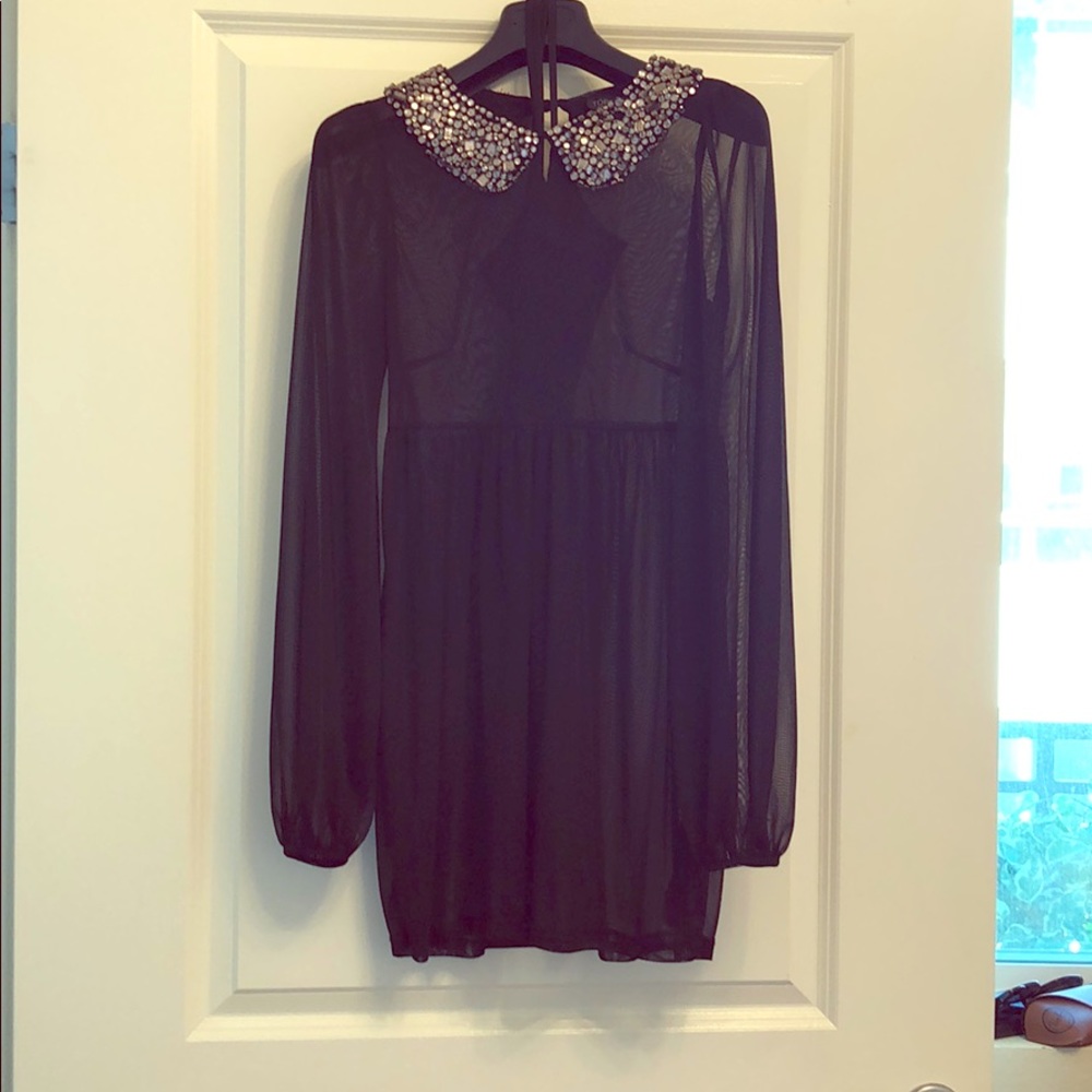 TOPSHOP BOUTIQUE BLACK COLLARD SHEER DRESS & SLIP